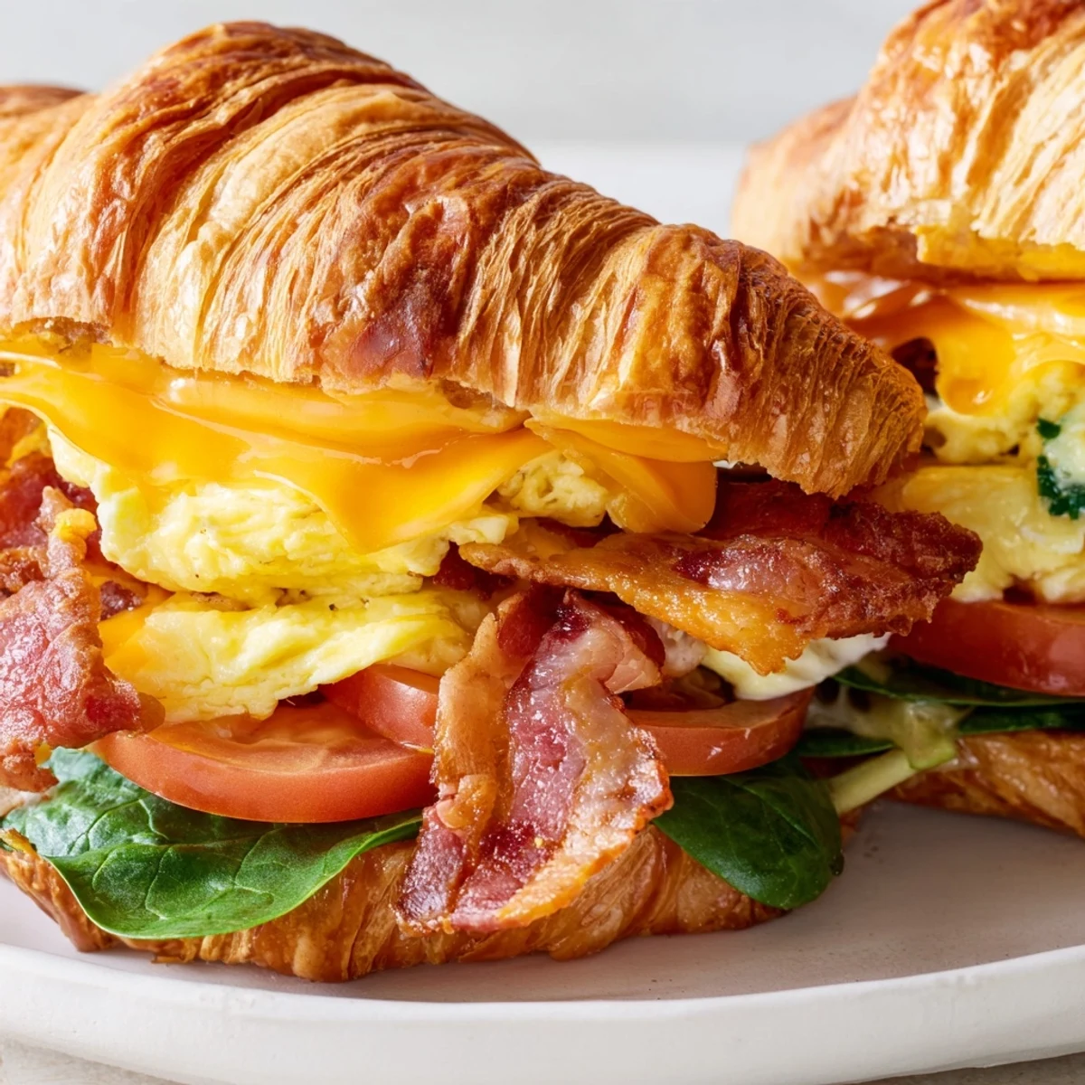 Golden flaky croissant breakfast sandwiches stacked with fluffy scrambled eggs and crispy bacon