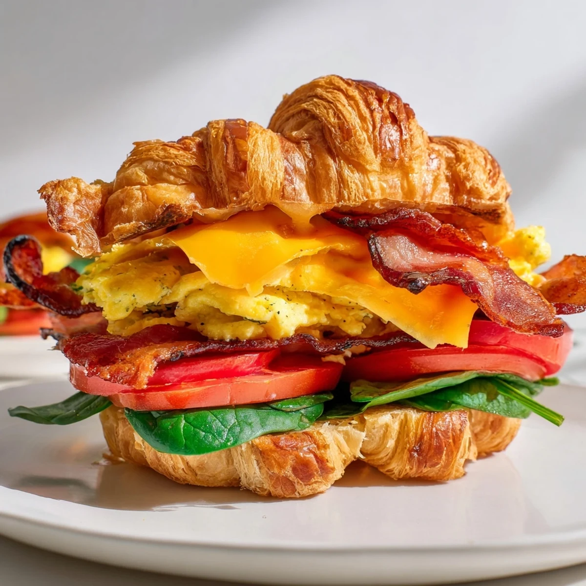 Melty cheddar cheese oozes from warm croissant breakfast sandwiches layered with fresh tomato slices