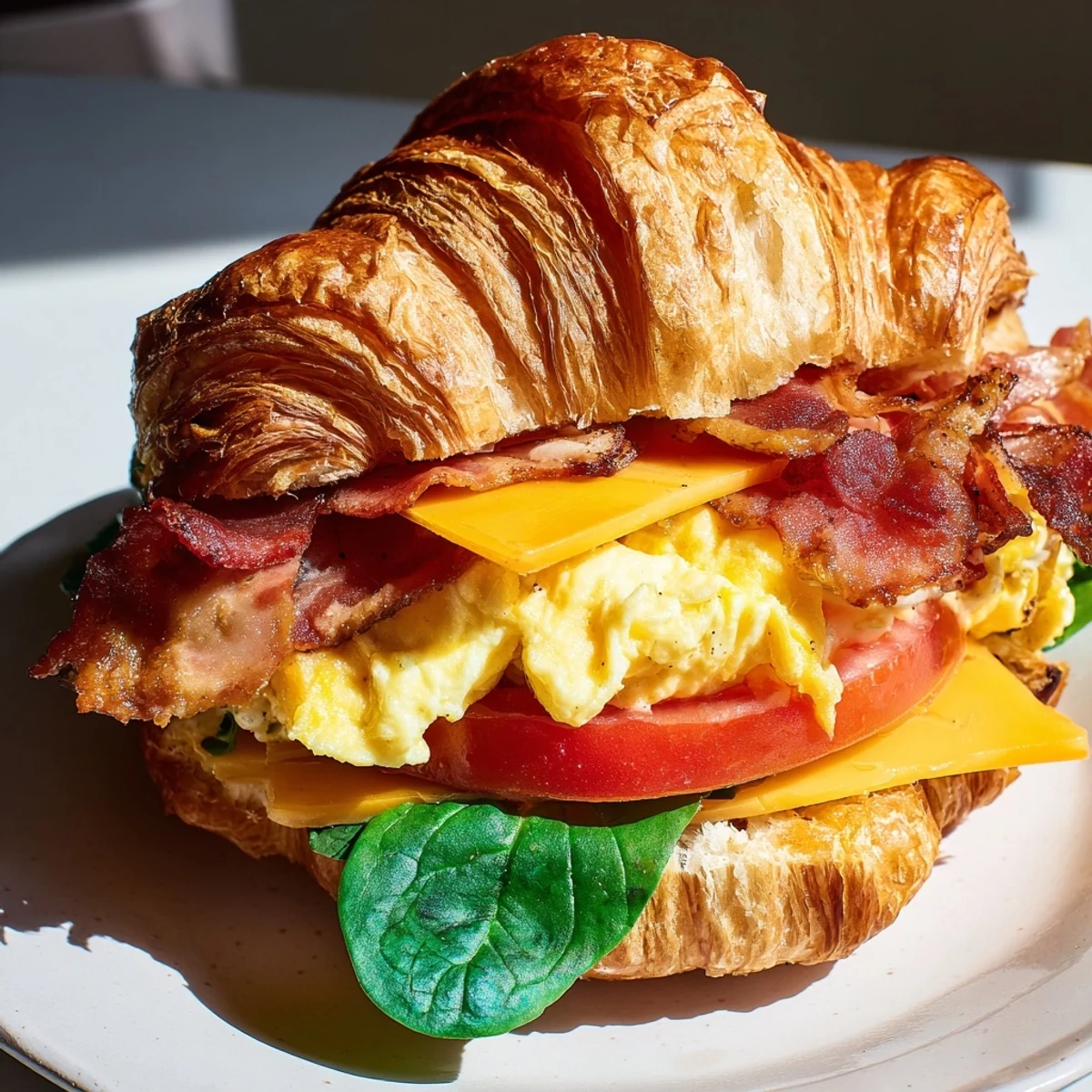 Buttery croissant breakfast sandwiches featuring soft eggs crisp bacon and tender baby spinach greens