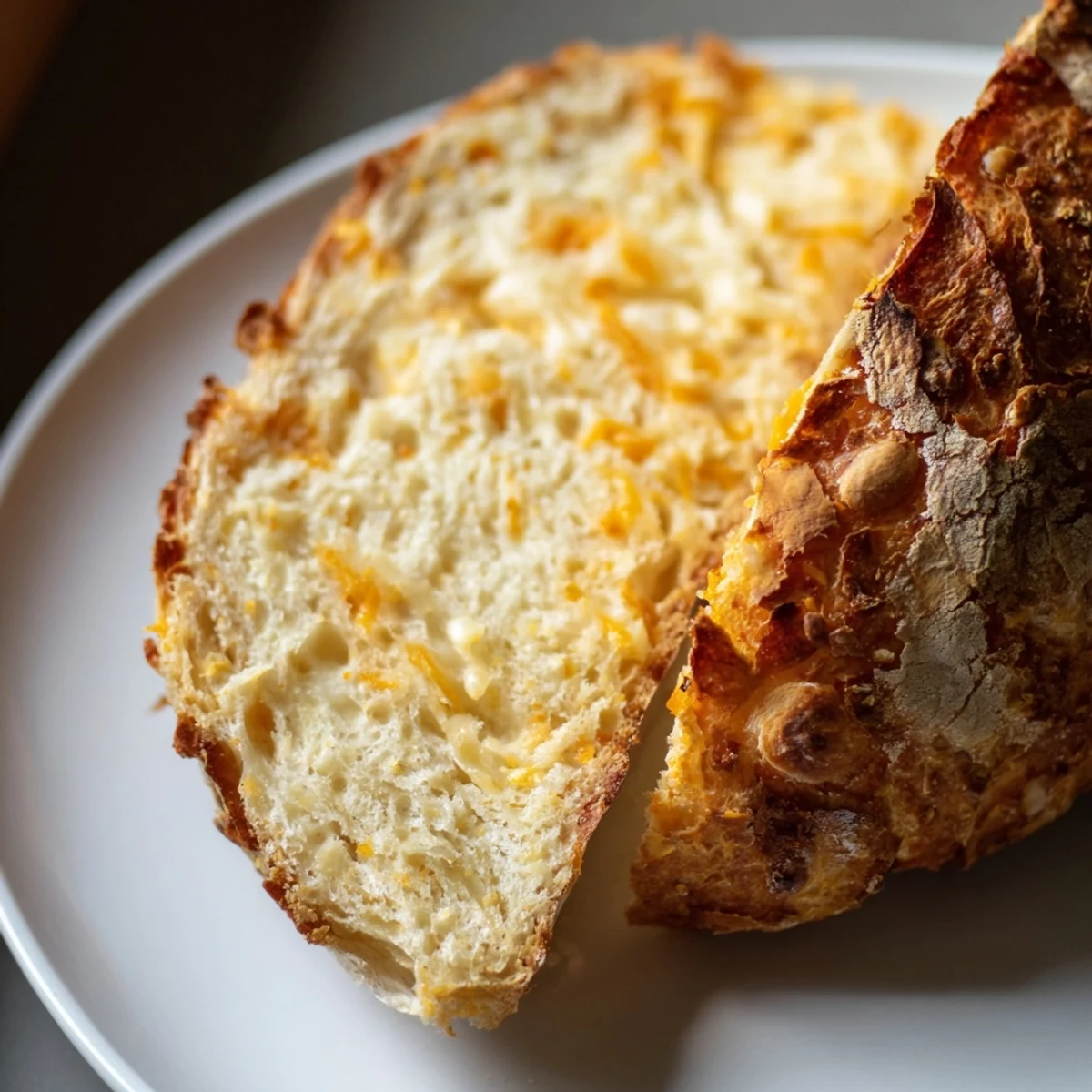 Golden no knead cheddar bread with a crisp crust and visible melted cheese shreds throughout