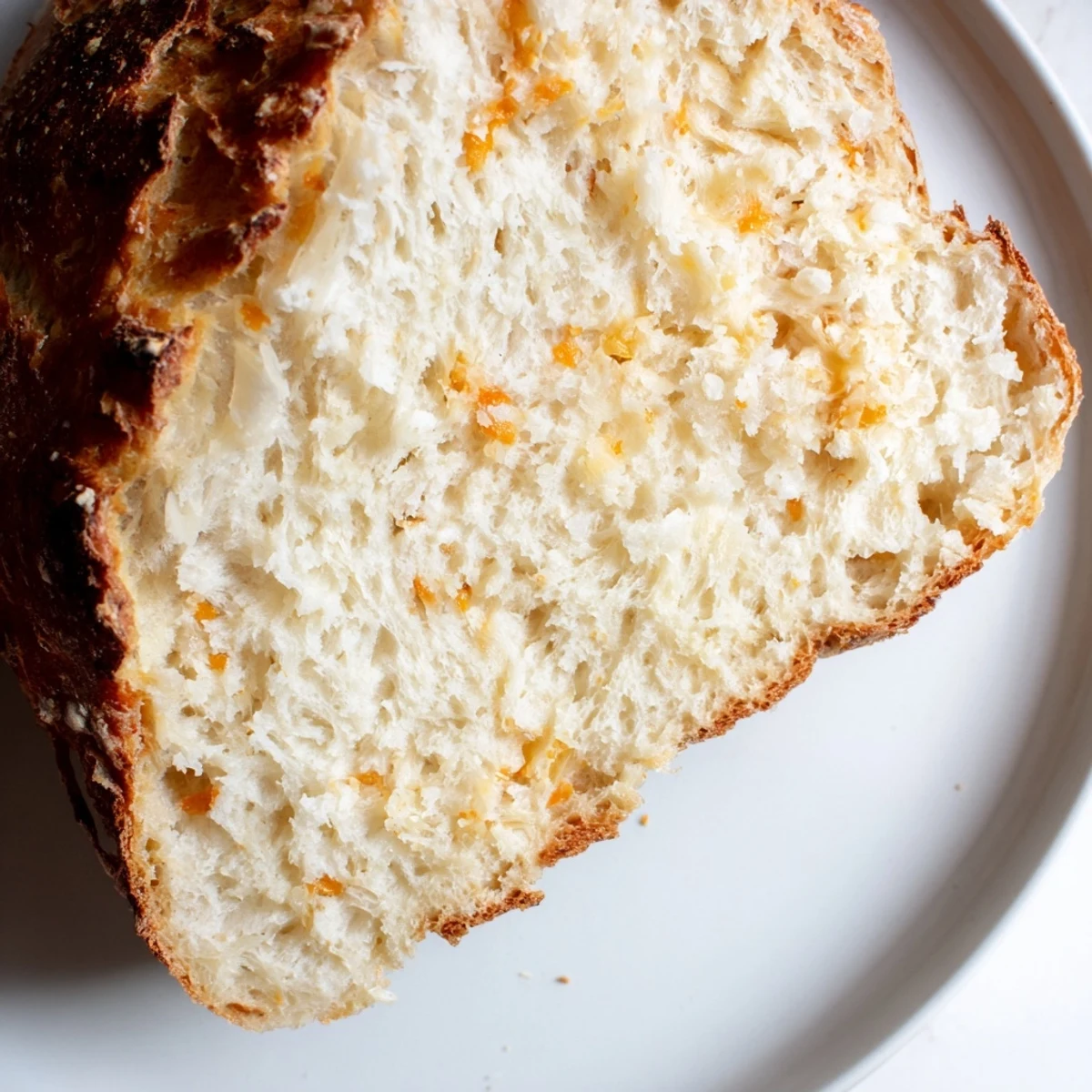 Rustic homemade no knead cheddar bread loaf sliced to reveal tender cheesy interior and golden crumb