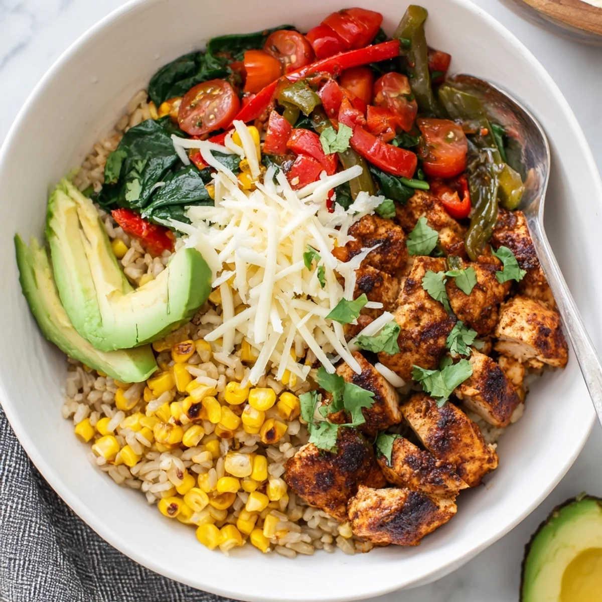 Colorful Southwest spice green chile bowl topped with tender chicken, avocado, fresh cilantro, melted cheese and lime wedges over fluffy brown rice.