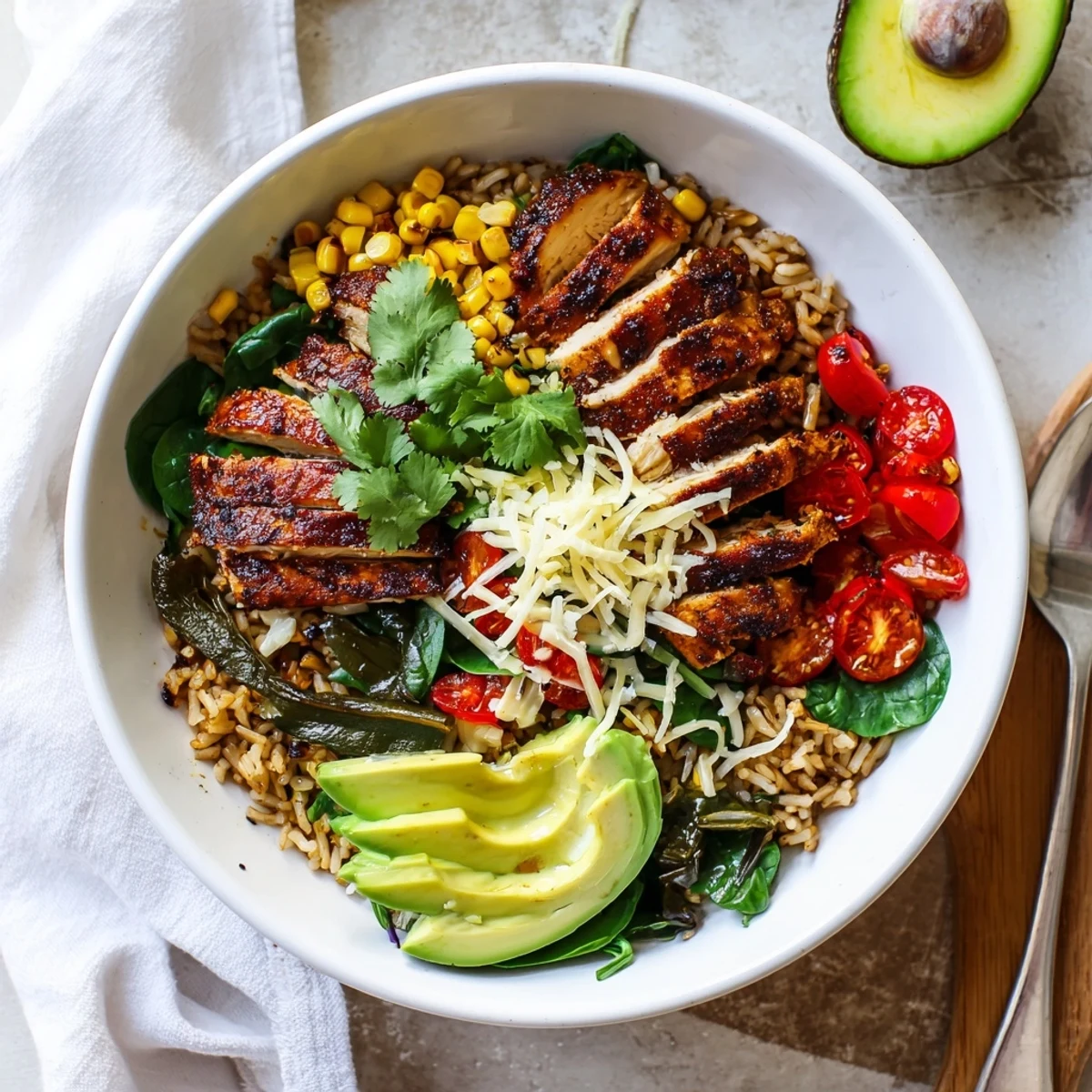 Hearty Southwest spice green chile bowl featuring spiced chicken, roasted green chiles, corn, bell peppers and creamy avocado garnishes.