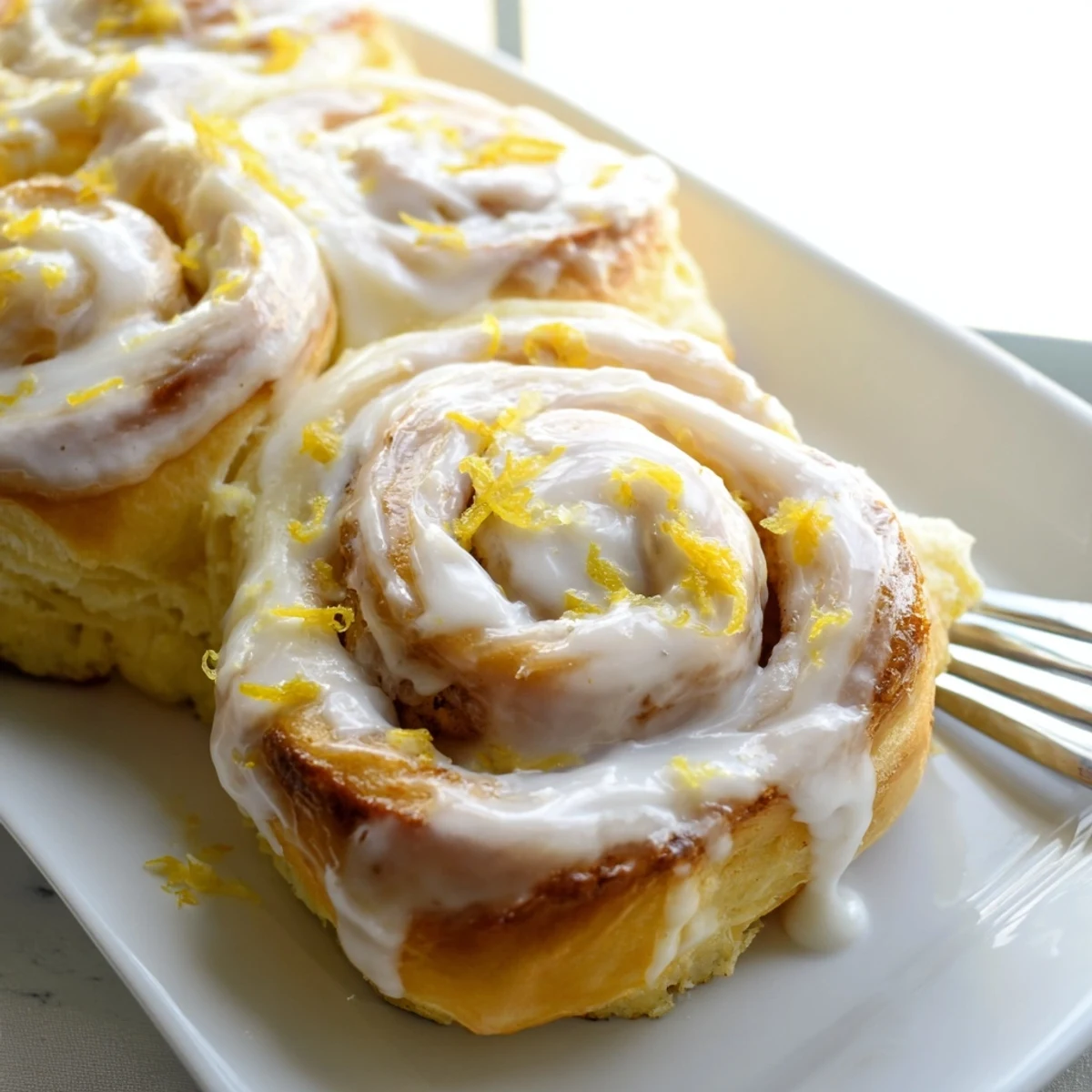 Freshly baked lemon rolls drizzled with tangy glaze on a white serving plate.