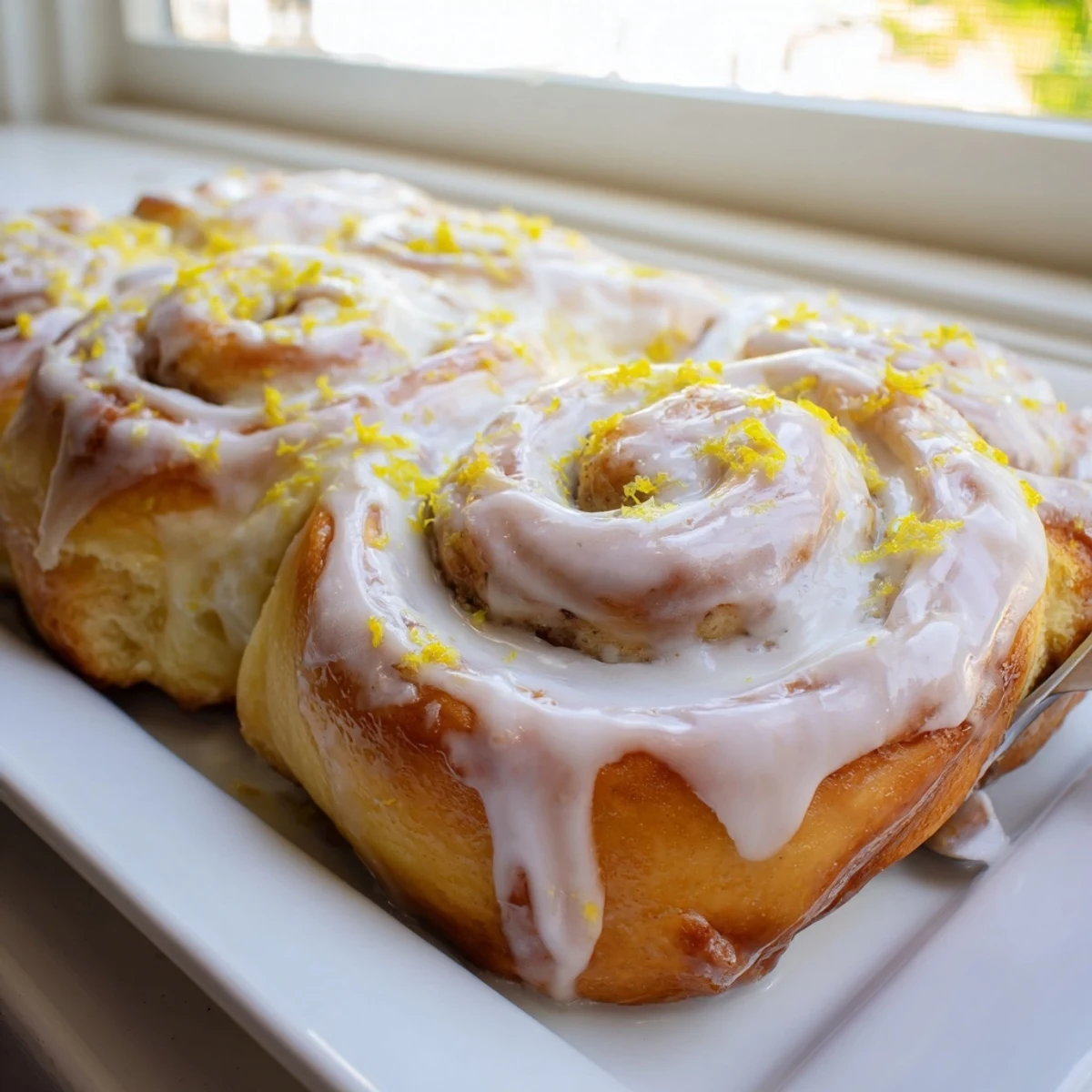 Golden lemon rolls topped with zesty glaze garnished with fresh lemon zest.