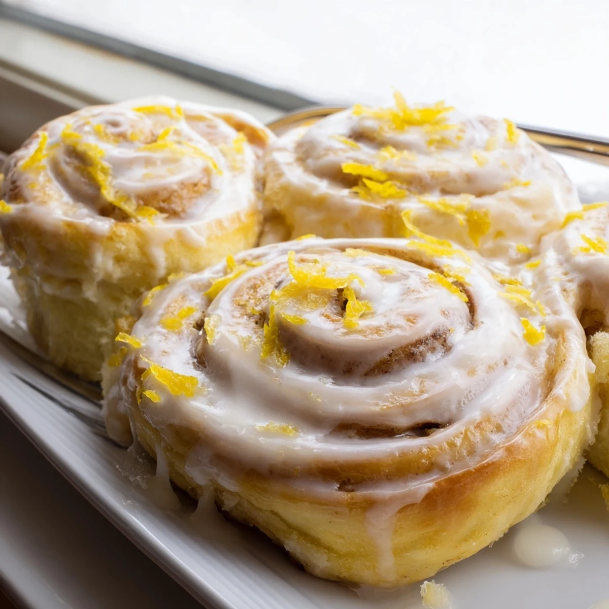 Soft lemon rolls overflowing with sweet citrus sugar filling in a baking dish.