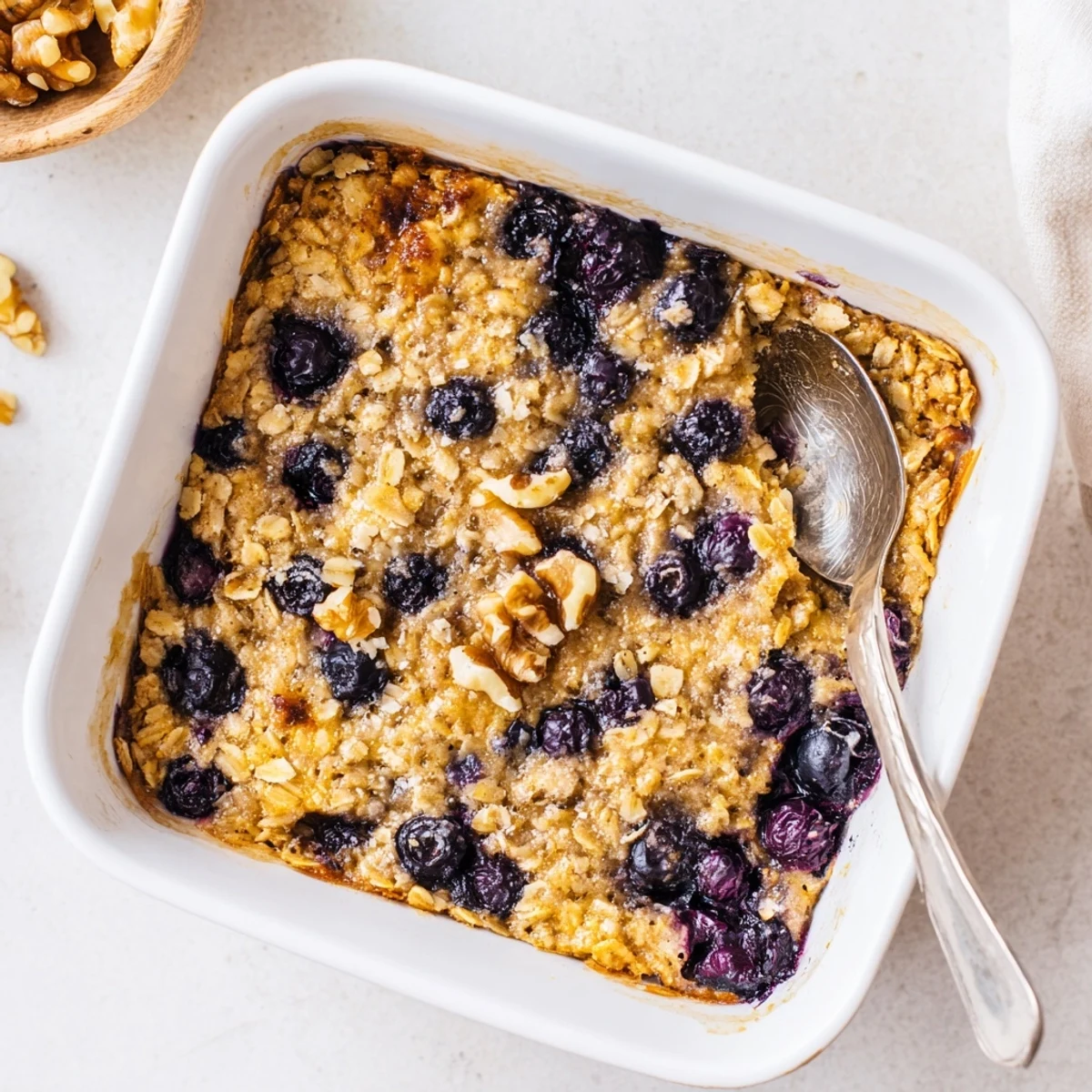 Golden baked lemon blueberry oatmeal dish fresh from the oven with juicy berry pockets