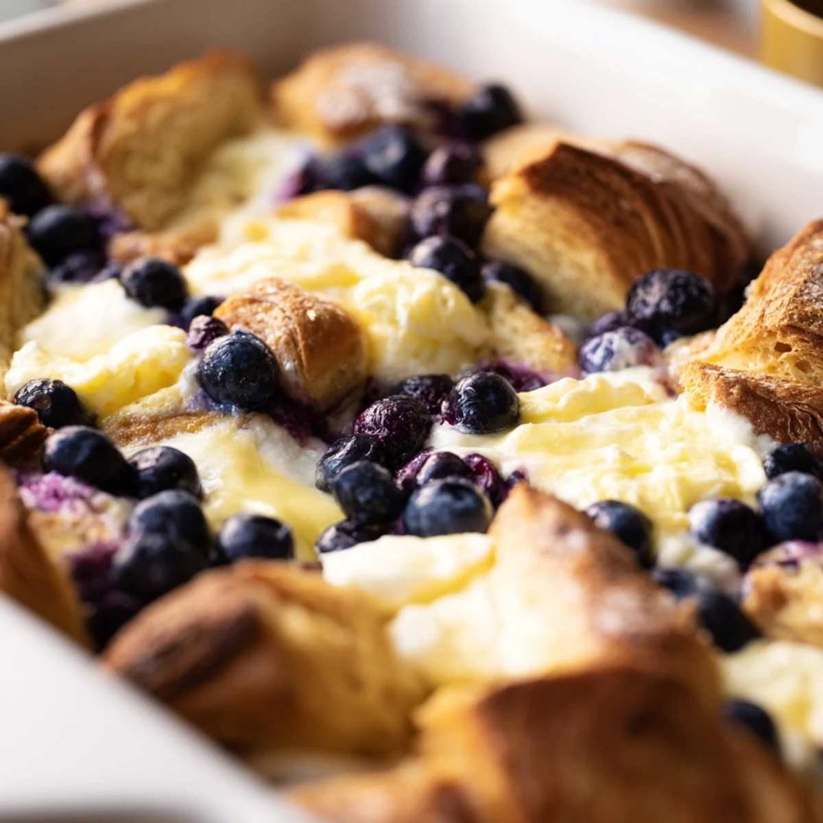 Golden blueberry cream cheese croissant casserole with bubbling fruit and custard