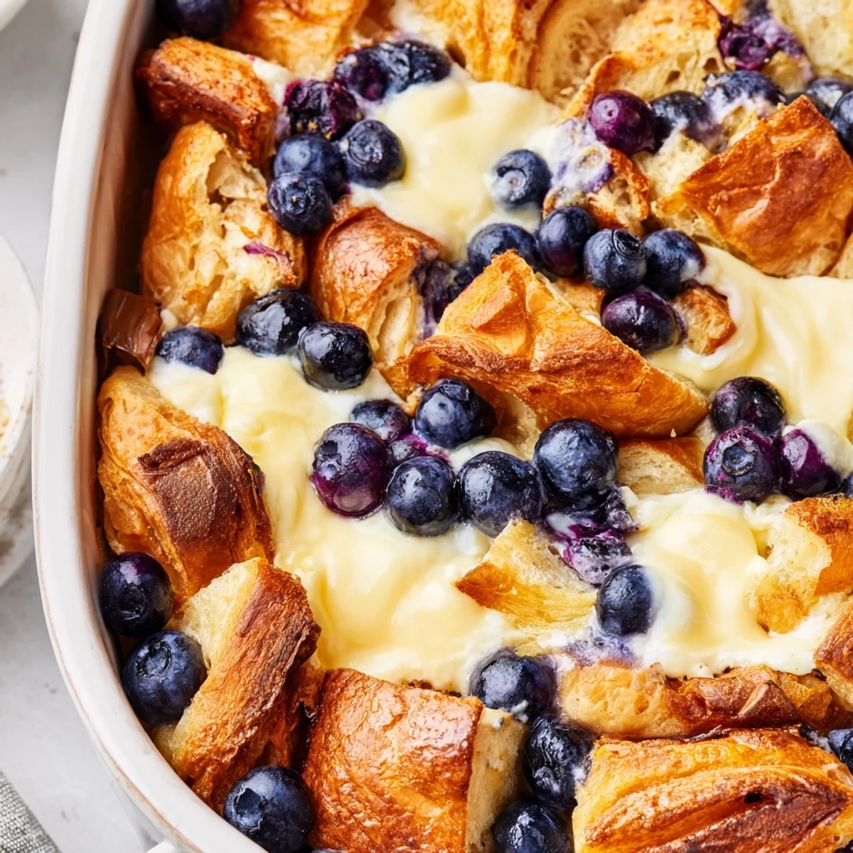 Breakfast casserole featuring buttery croissants, sweet blueberries, and creamy baked custard layers