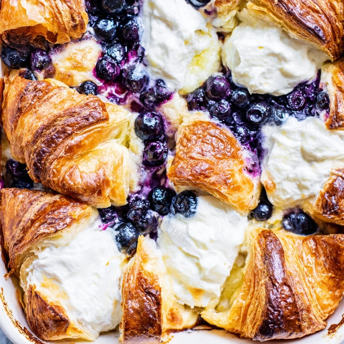 Sliced croissant bake topped with fresh blueberries and a golden, sugared crust