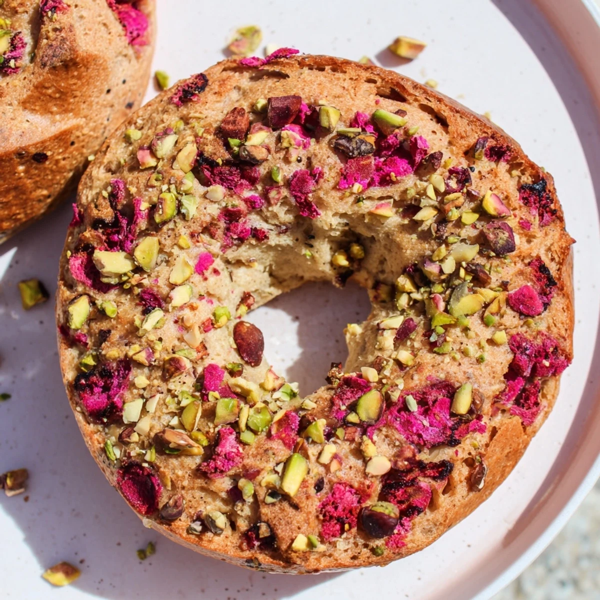 Golden brown raspberry pistachio sourdough bagels topped with nuts and colorful raspberry pieces