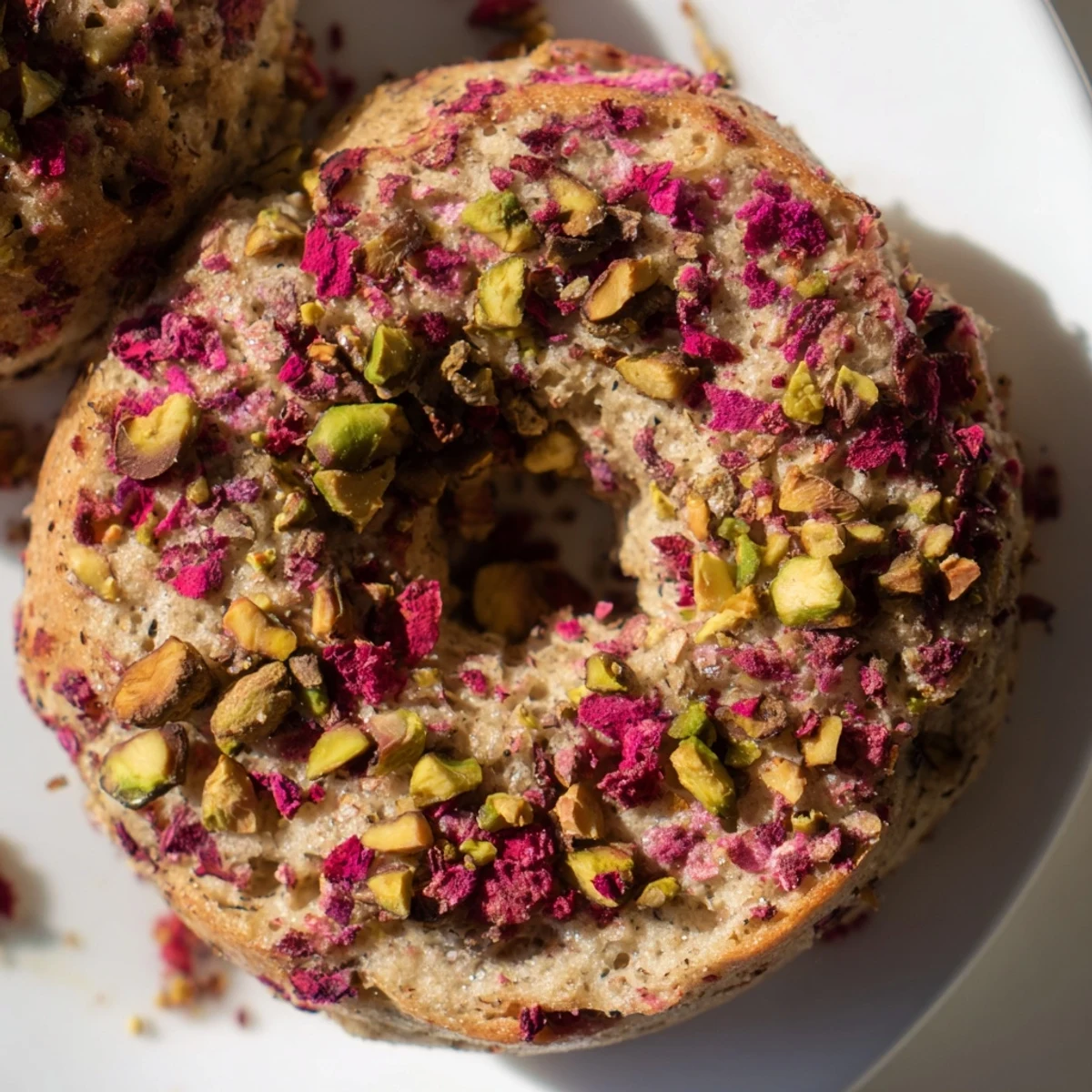 Chewy fermented bagels featuring sweet tart raspberries and nutty pistachios on a wooden board