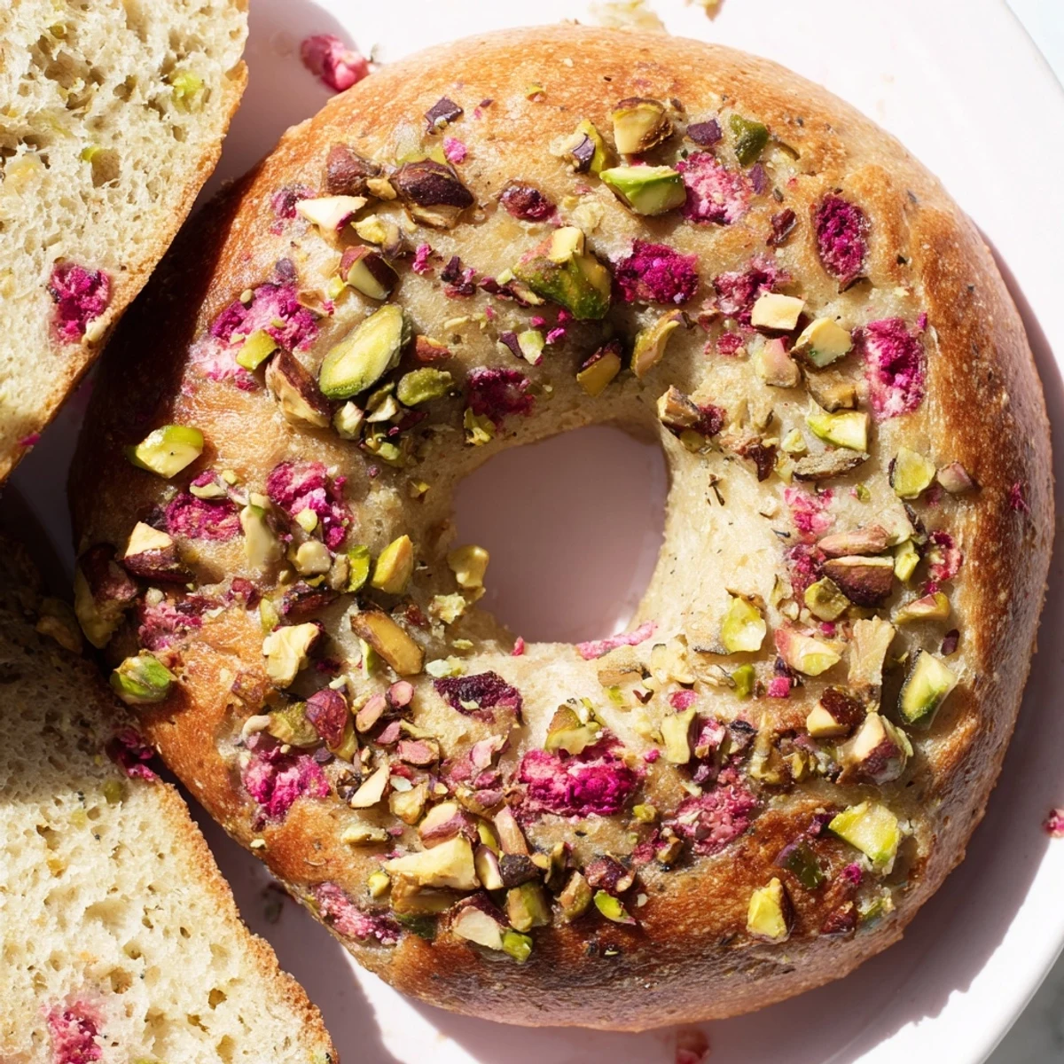 Freshly baked sourdough bagels studded with bright red raspberries and crunchy green pistachios