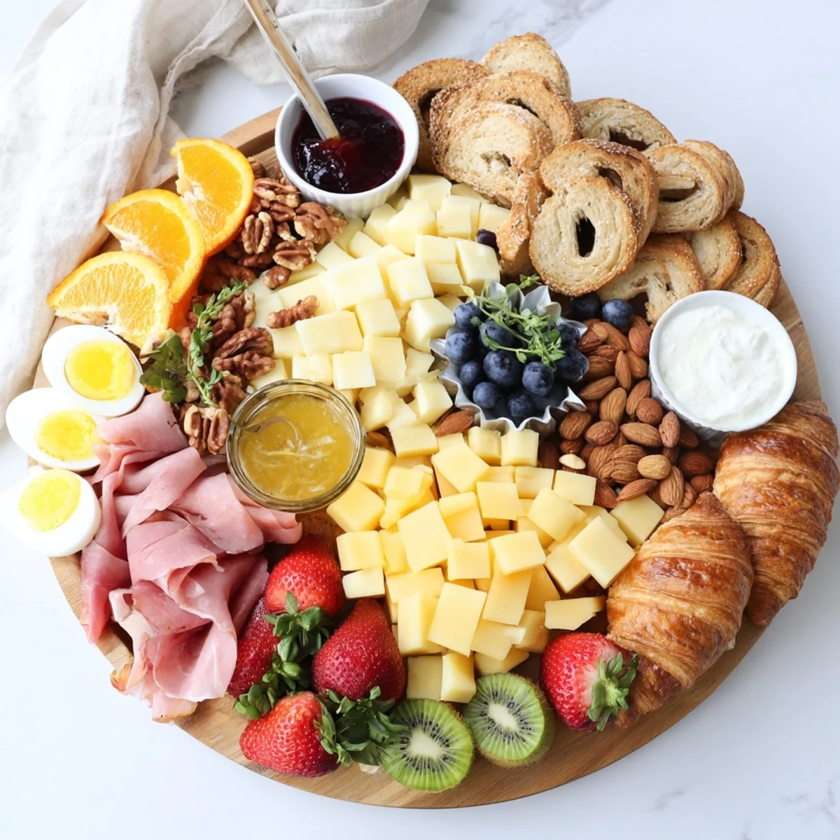 Vibrant breakfast charcuterie board arranged with prosciutto, cheeses, fresh berries, and flaky croissants on a wooden platter