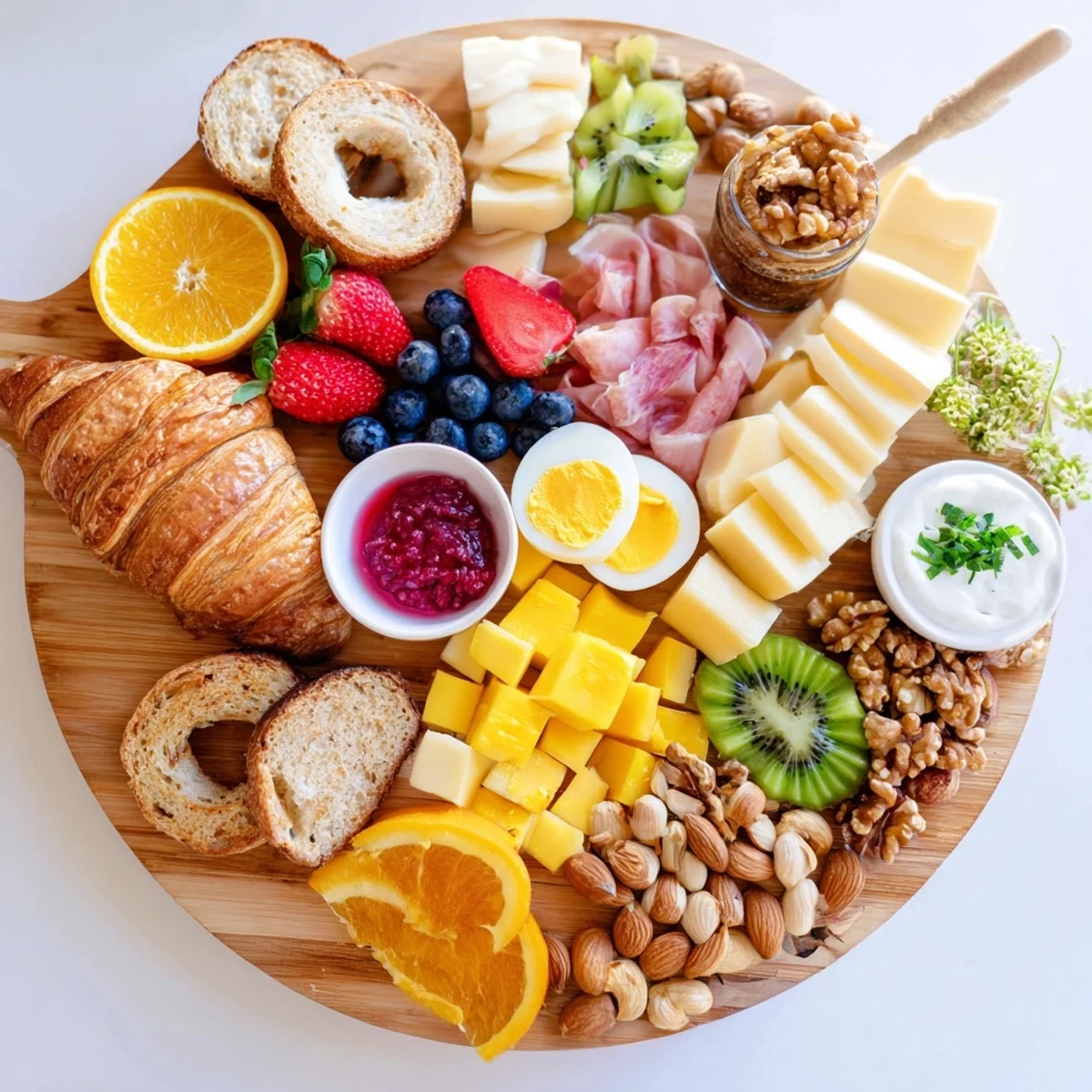 Rustic breakfast charcuterie board displaying bacon, soft boiled eggs, pastries, and colorful seasonal fruits ready for sharing