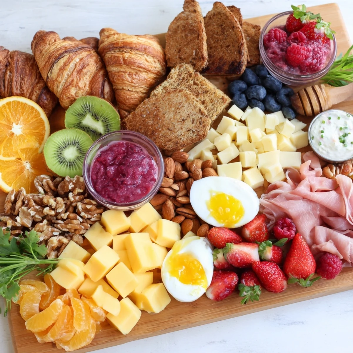 Crowded breakfast charcuterie board featuring smoked salmon, brie, mixed fruits, nuts, and mini bagels for a festive morning spread