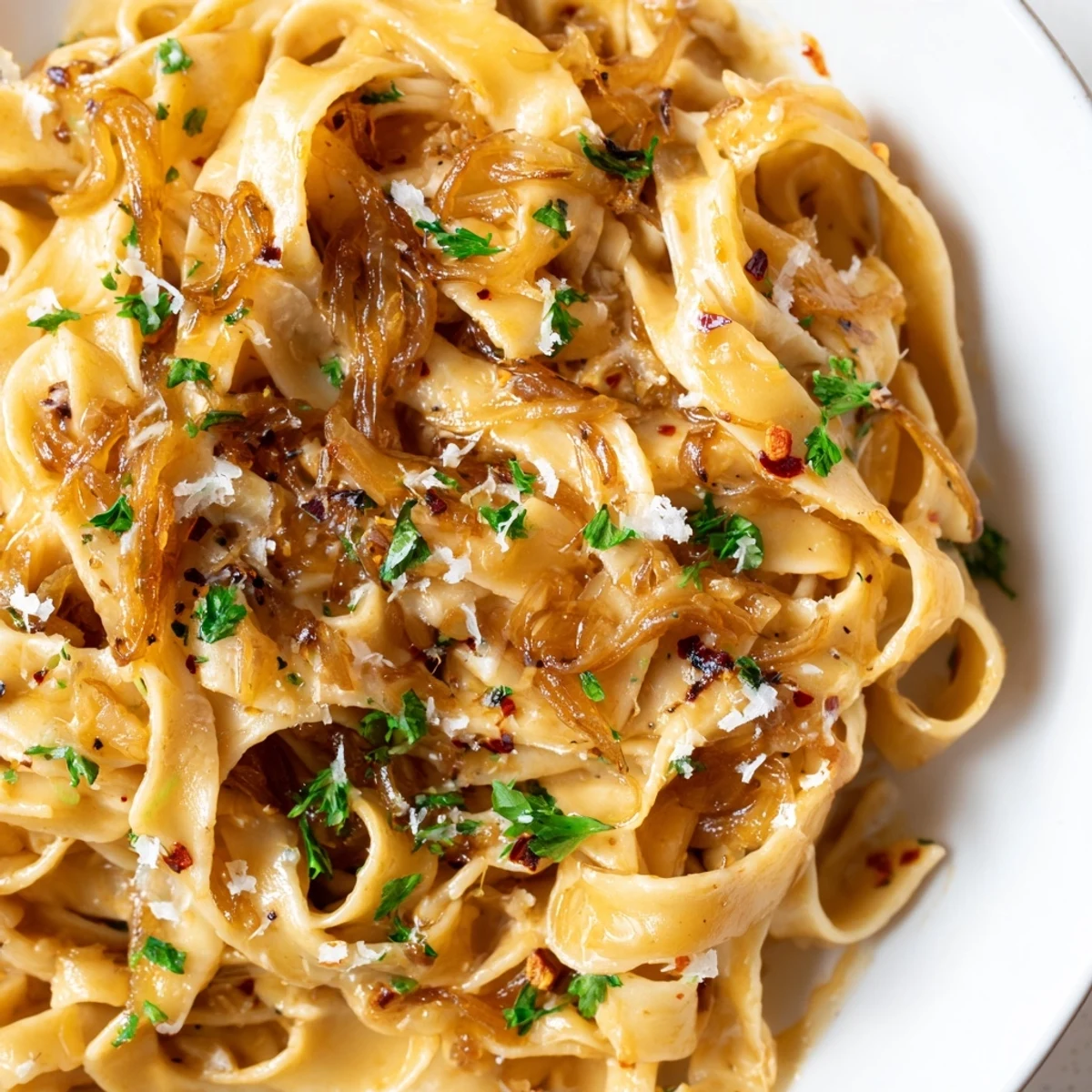Creamy Sweet Heat Caramelized Onion Fettuccine topped with fresh parsley and Parmesan cheese
