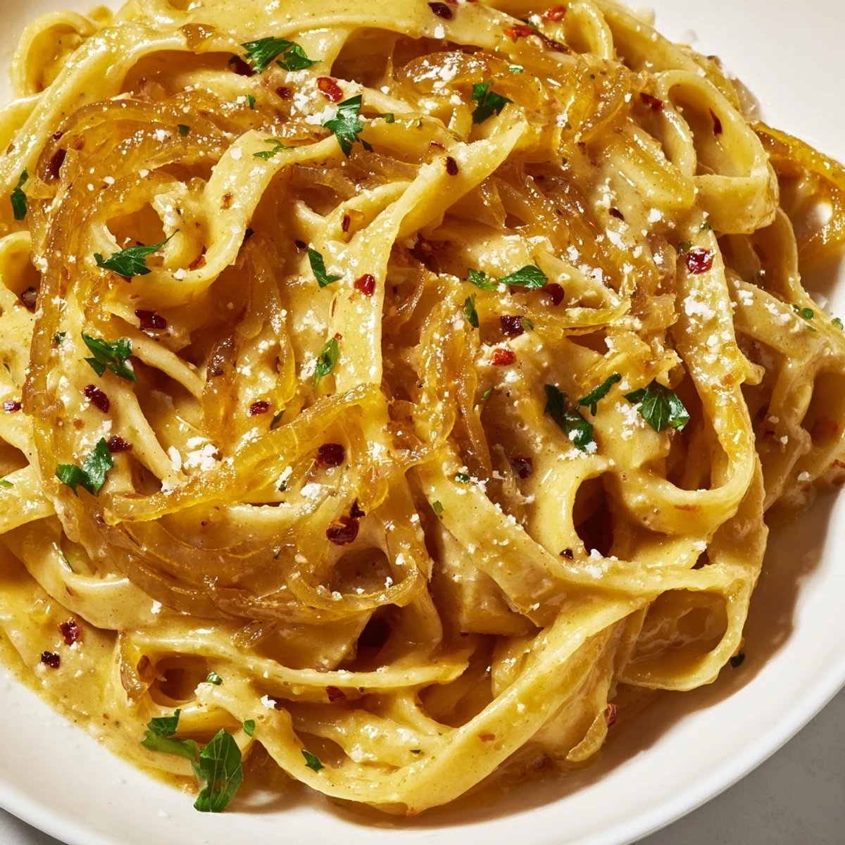 Golden caramelized onions coat Sweet Heat Caramelized Onion Fettuccine in a creamy, spicy sauce