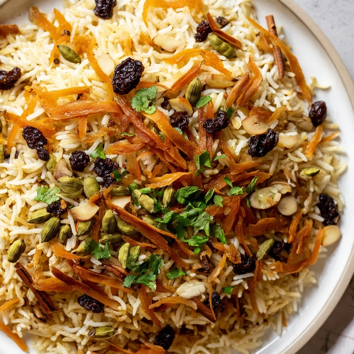 Golden Afghan rice topped with caramelized carrots, plump raisins, and fragrant warm spices