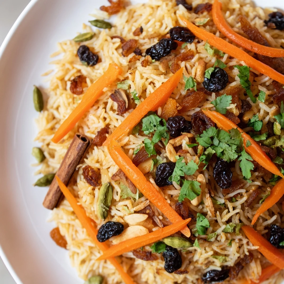 Fluffy Afghan rice studded with sweet carrots and raisins, garnished with fresh herbs