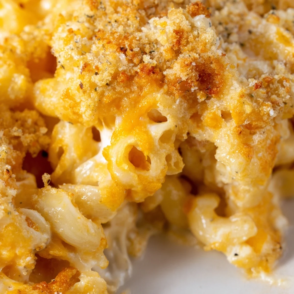 Golden bubbling three cheese baked macaroni with crispy panko topping fresh from oven