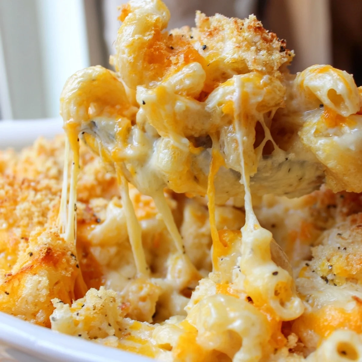 Creamy three cheese baked macaroni in white ceramic dish with melted cheese pulling