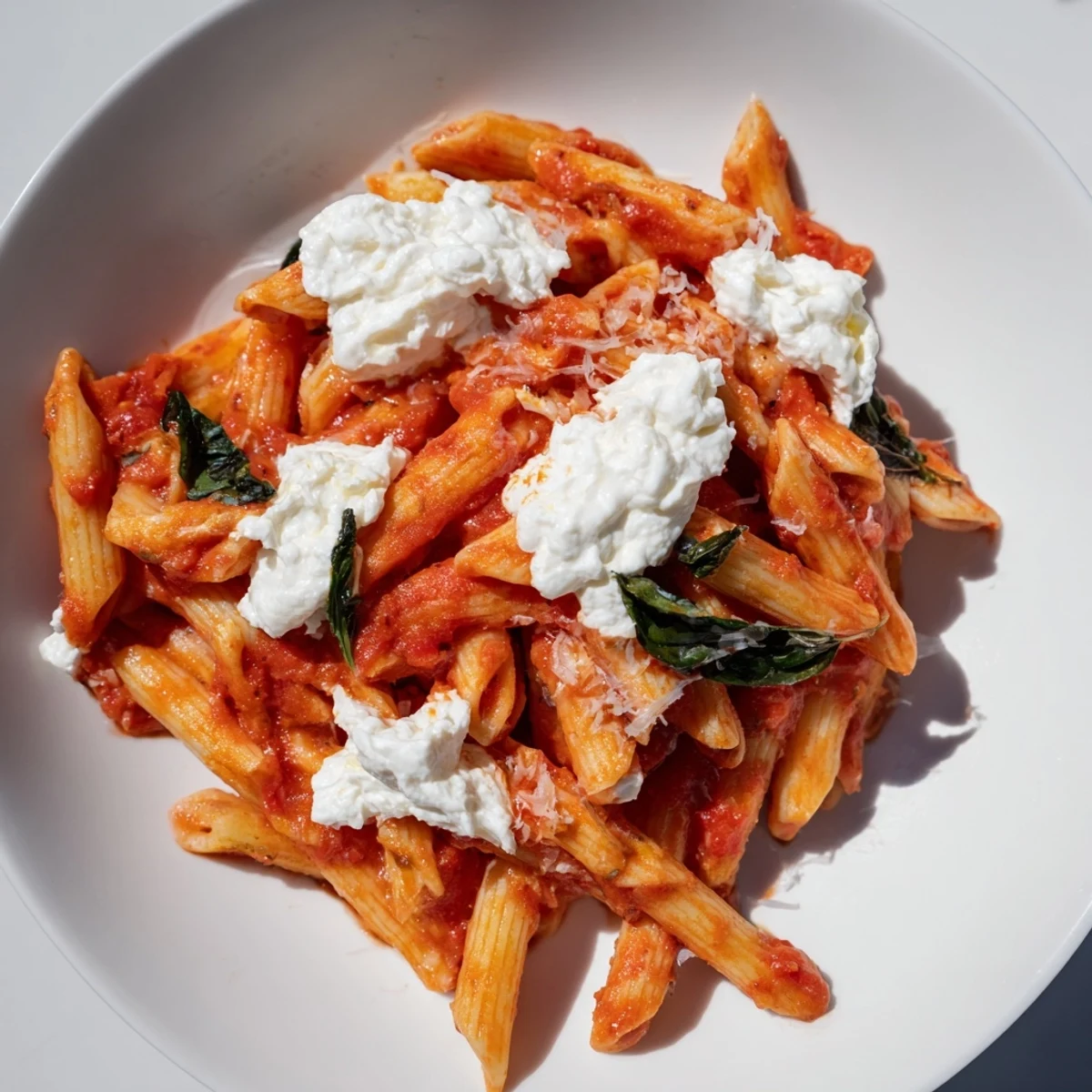 Creamy Tomato Garlic Ricotta Penne with basil in vibrant red sauce on white plate