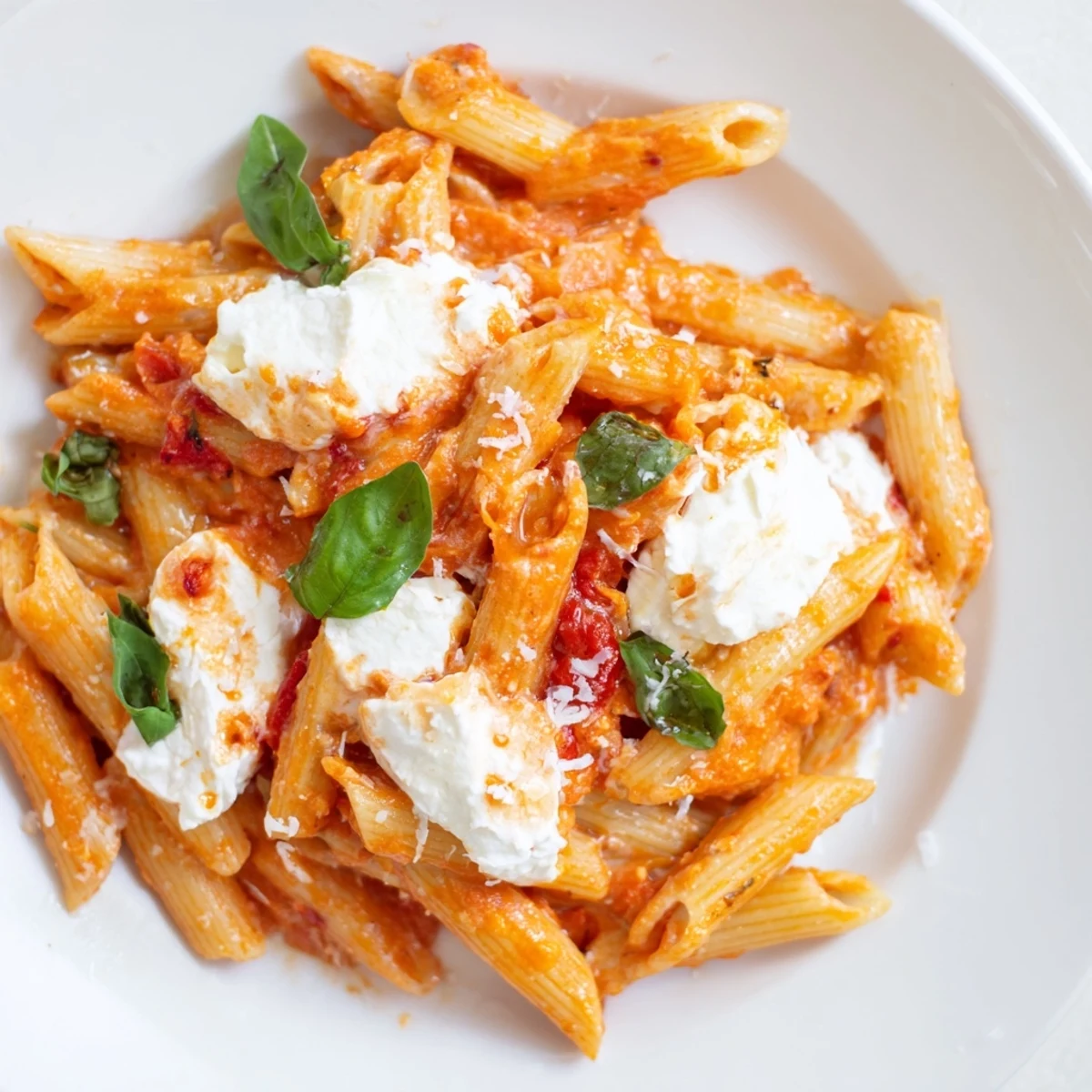 Tender penne pasta coated in rich tomato garlic sauce with fluffy ricotta swirls