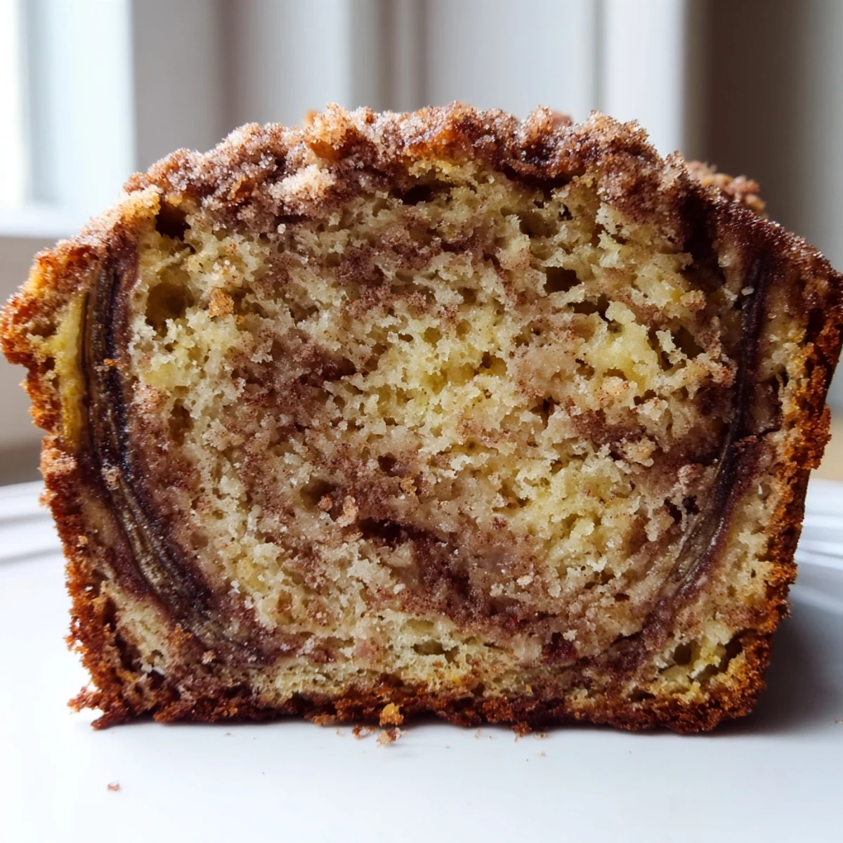 Moist cinnamon sugar swirl banana bread sliced thick showing tender golden crumb with warm spice ribbons