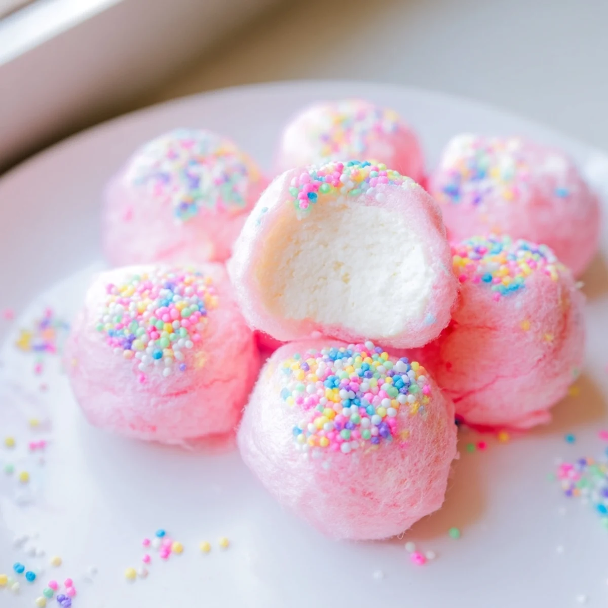 Pink cotton candy cheesecake puff balls with colorful sprinkles on a decorative serving plate