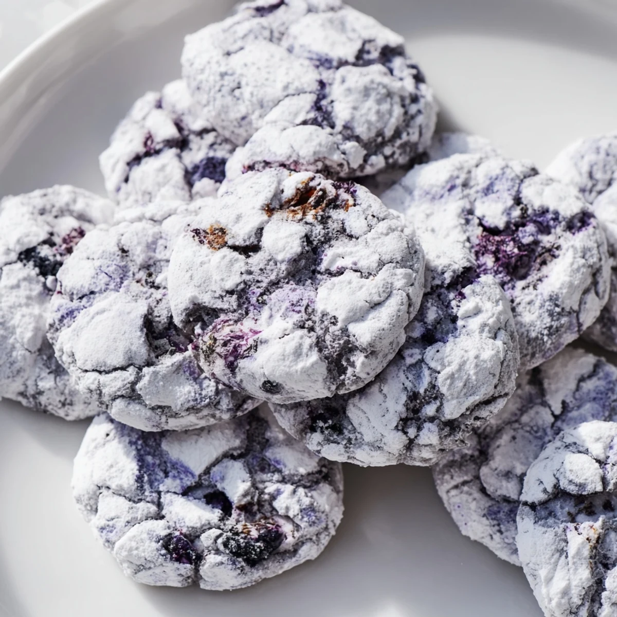 Soft blueberry crinkle cookies with powdered sugar coating on rustic baking sheet