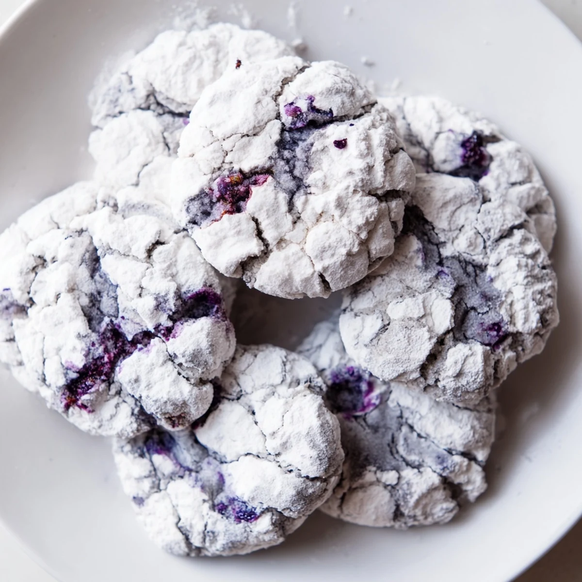 Chewy blueberry crinkle cookies displaying crackled tops dusted with snowy powdered sugar