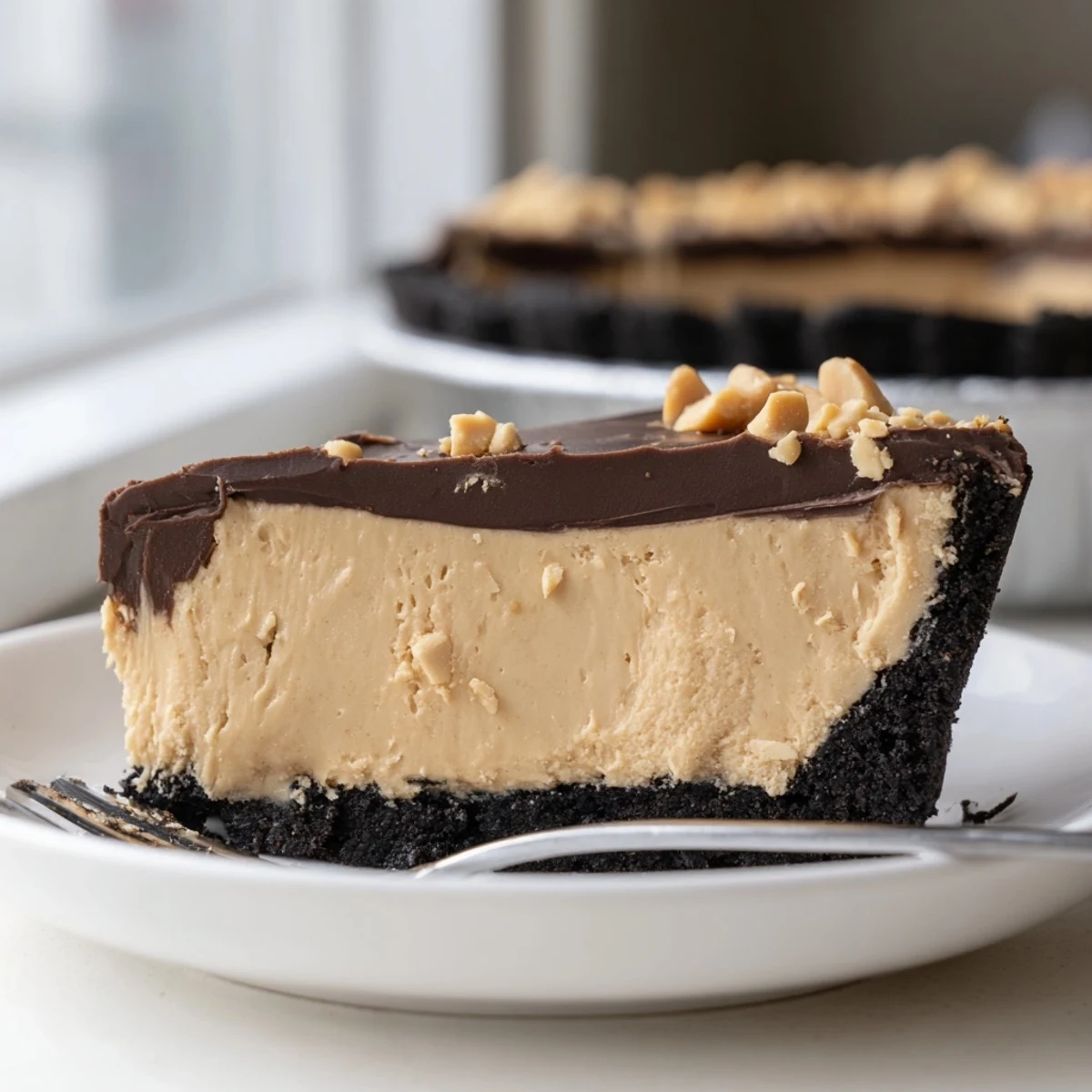 Creamy no bake peanut butter pie slice topped with chocolate ganache and chopped peanuts