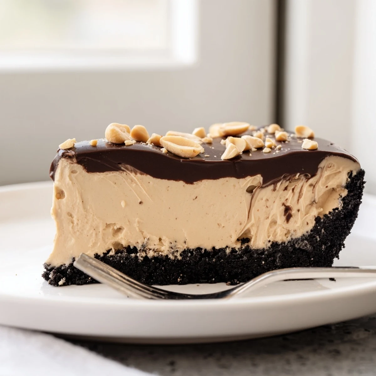 No bake peanut butter pie with fluffy filling in a dark chocolate cookie crust