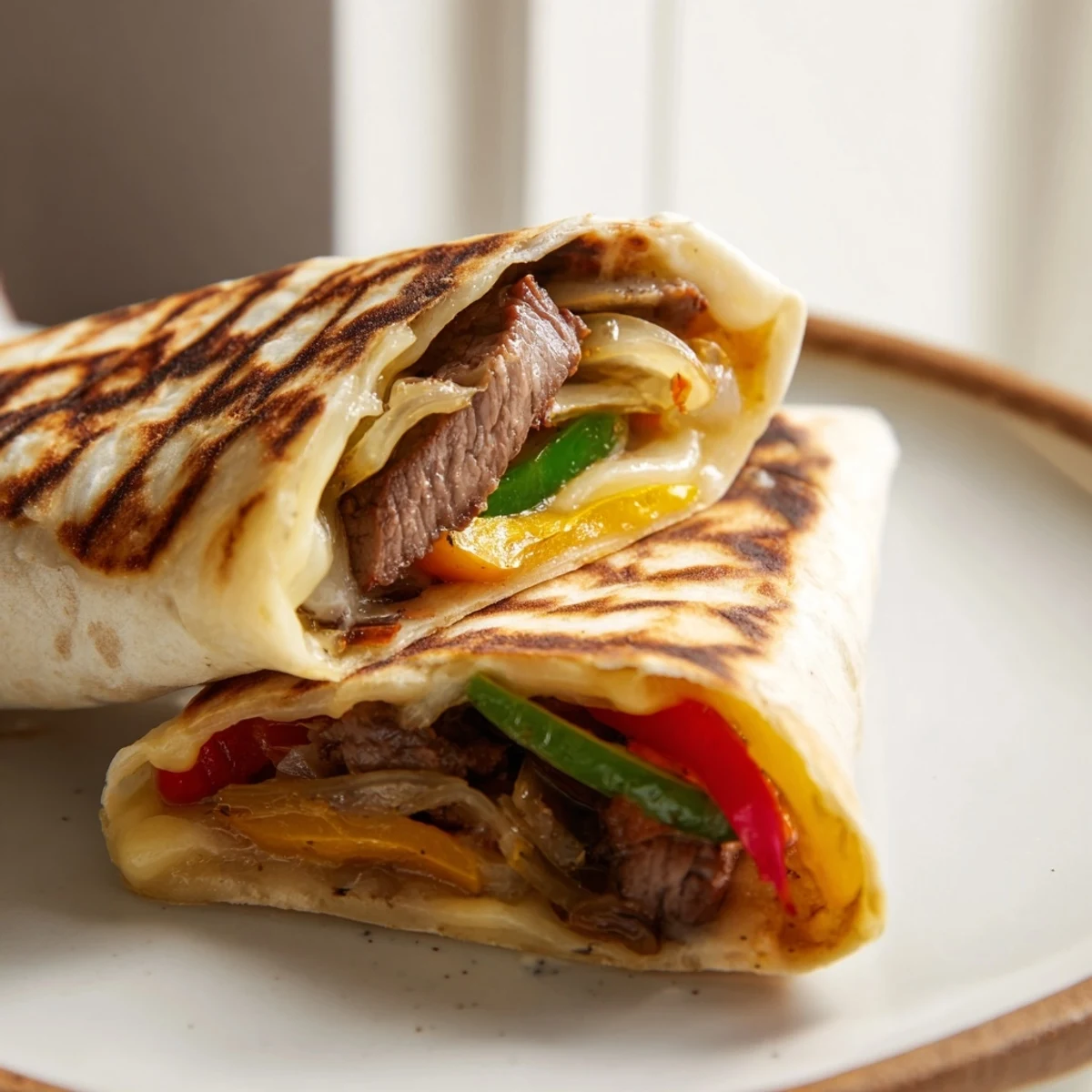 Golden crispy Philly cheesesteak grilled wraps with melted provolone and colorful peppers