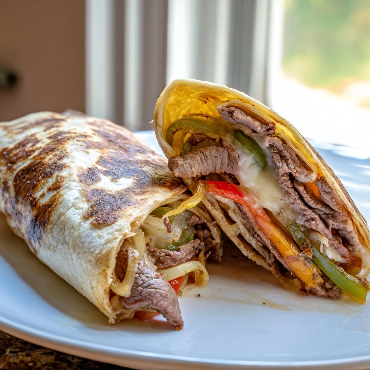 Philly cheesesteak grilled wraps cut in half showing tender steak and melted cheese