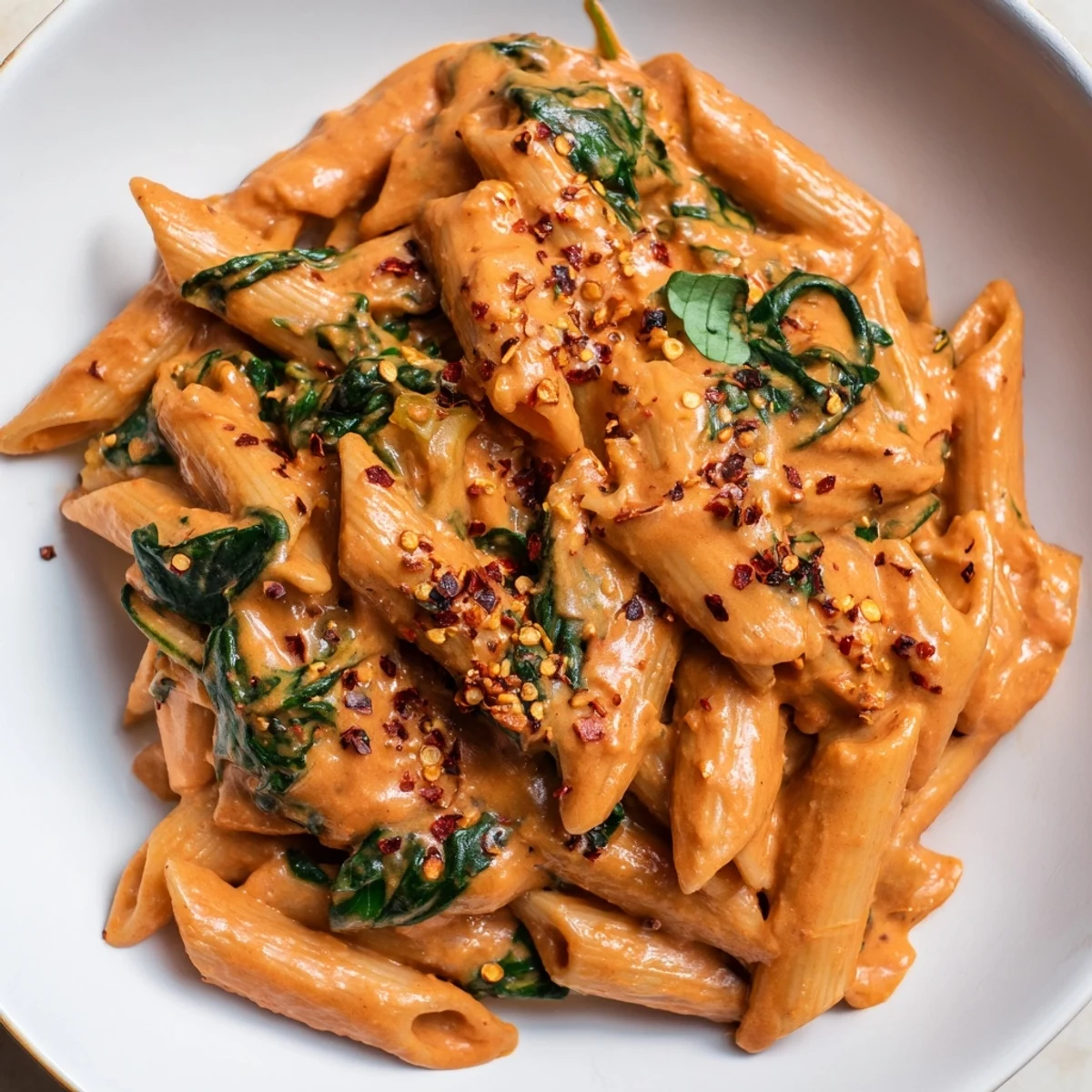 Creamy sun dried tomato vegan pasta in a velvety orange sauce with fresh basil garnish