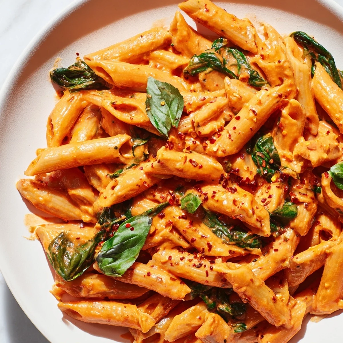 Twisted pasta coated in rich sun dried tomato vegan sauce with wilted spinach leaves
