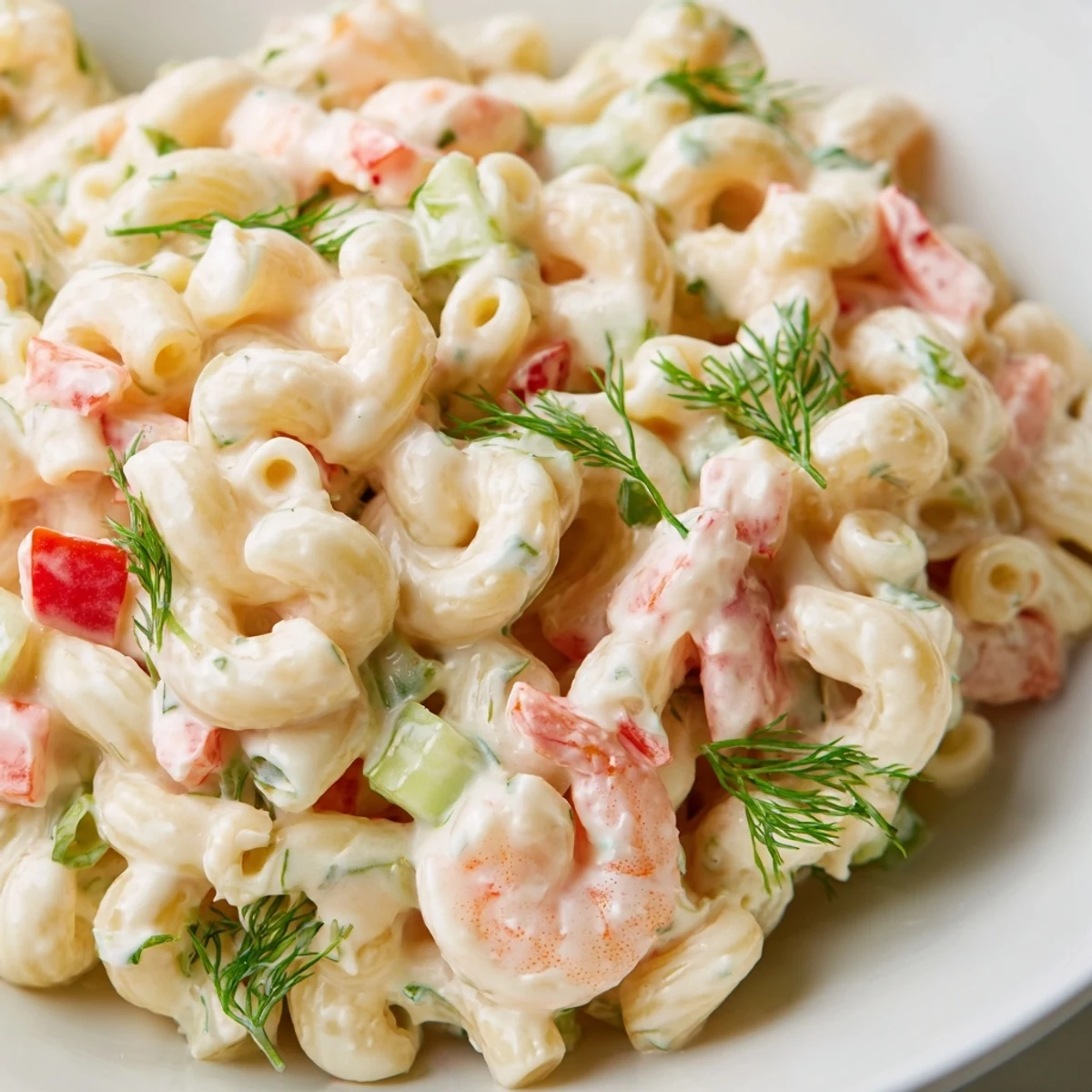 Creamy shrimp macaroni salad in a white bowl garnished with fresh dill sprigs