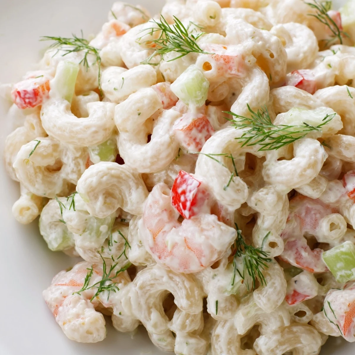 Chilled shrimp macaroni salad with tender seafood and crunchy vegetables in tangy dressing