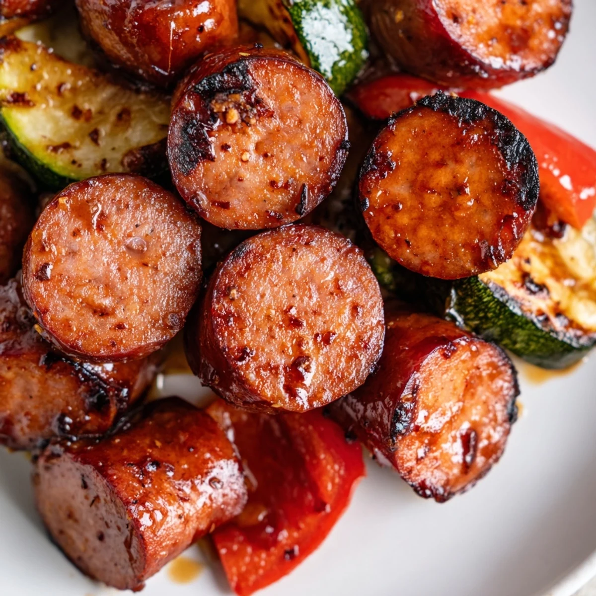 Glistening honey garlic kielbasa and veggies tossed in a sticky skillet glaze