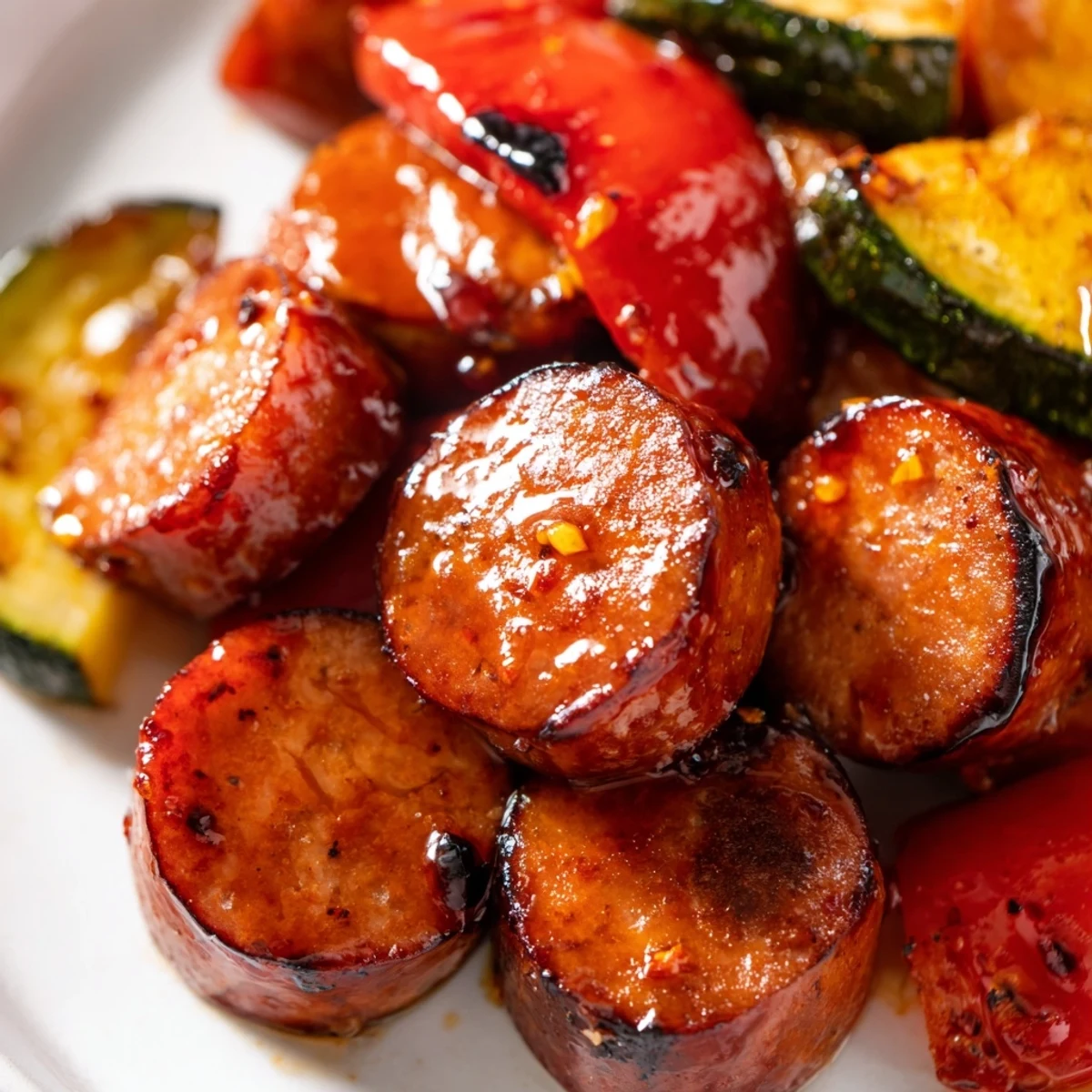 Golden browned sausage and tender crisp vegetables coated in a luscious honey garlic glaze