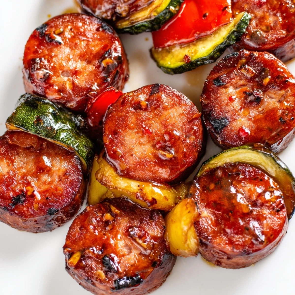 Smoky kielbasa slices nestled among vibrant bell peppers in sweet honey garlic sauce