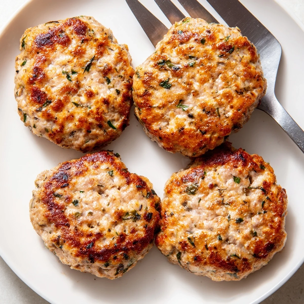 Golden brown ground turkey sausage patties sizzling in a cast iron skillet
