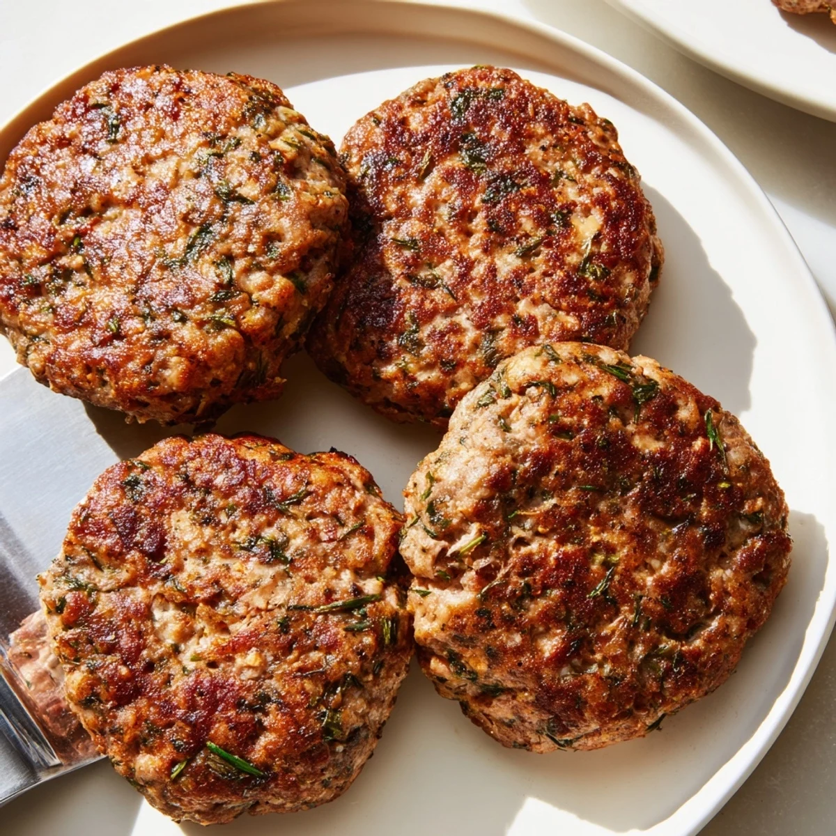 Homemade ground turkey sausage with aromatic sage and paprika seasonings on a plate