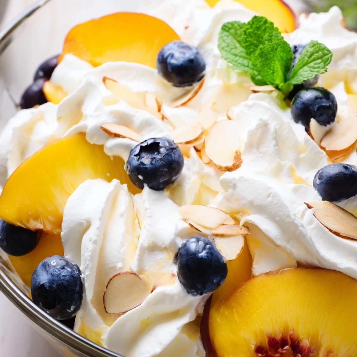 Creamy peaches and cream salad topped with fresh mint and sliced almonds in glass