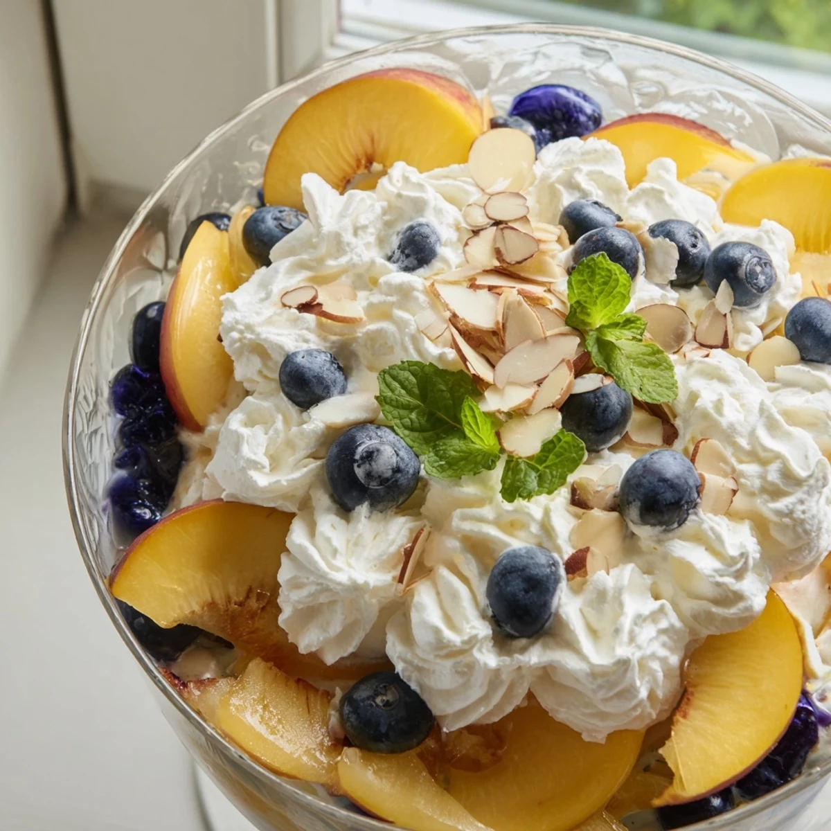 Sliced ripe peaches layered with fluffy whipped cream and berries in elegant serving dishes