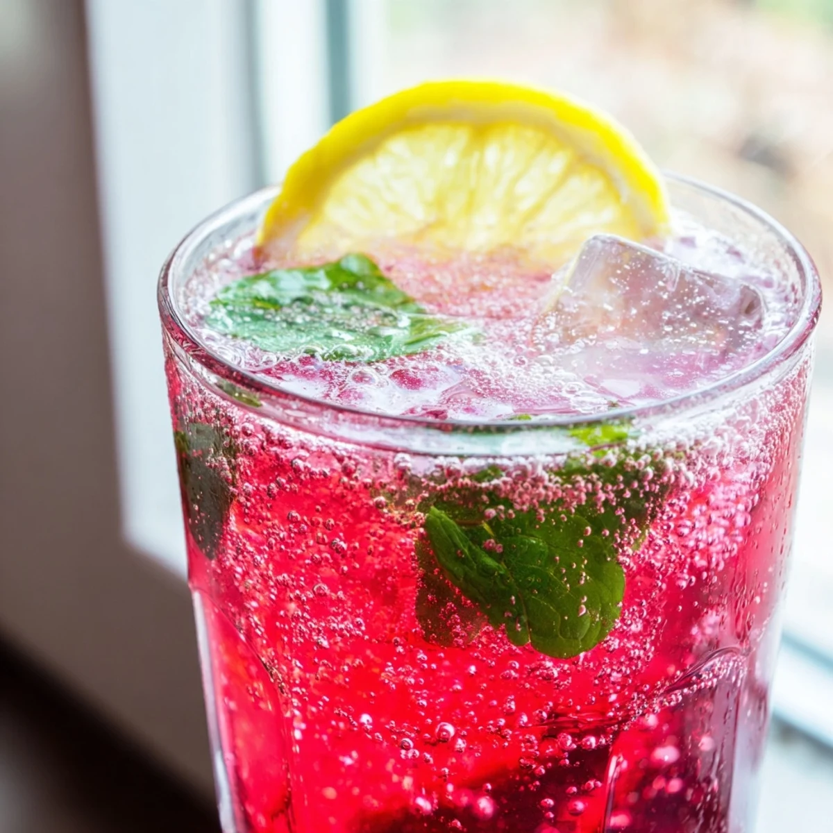 Honey lemon pink soda in a frosty glass with fresh mint and lemon slices garnish
