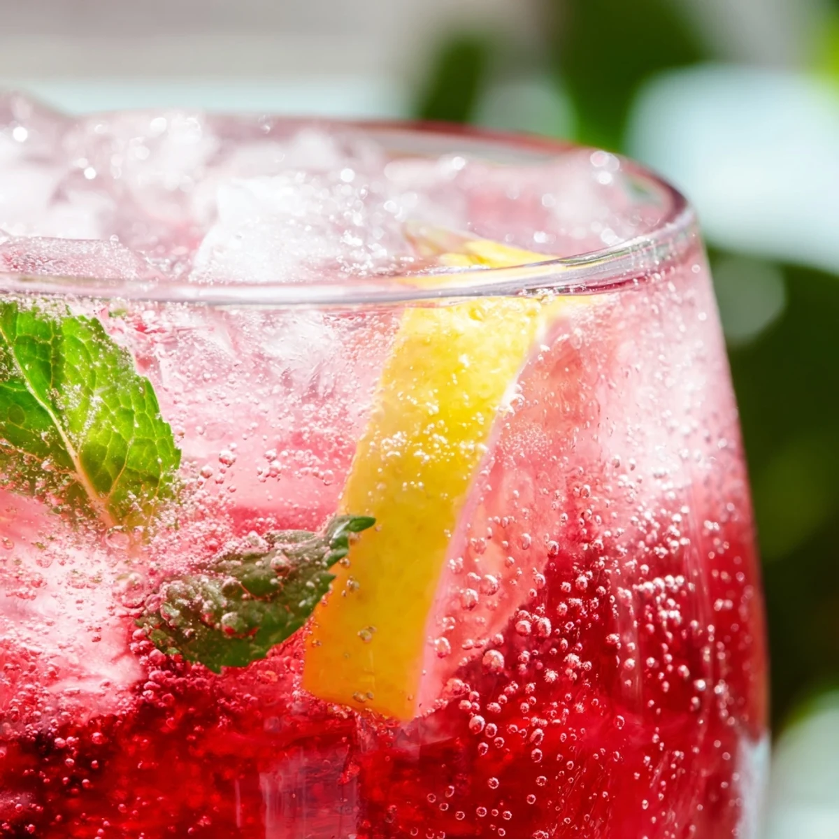 Sparkling honey lemon pink soda with bubbles rising beside ice and bright citrus wedges