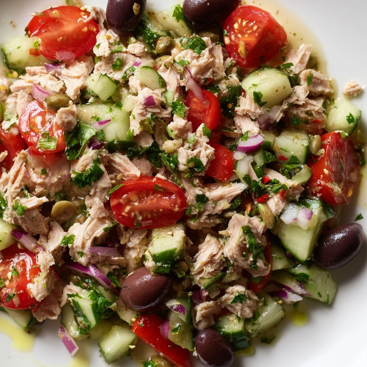 Colorful Mediterranean tuna salad with cherry tomatoes, olives, and a zesty lemon dressing